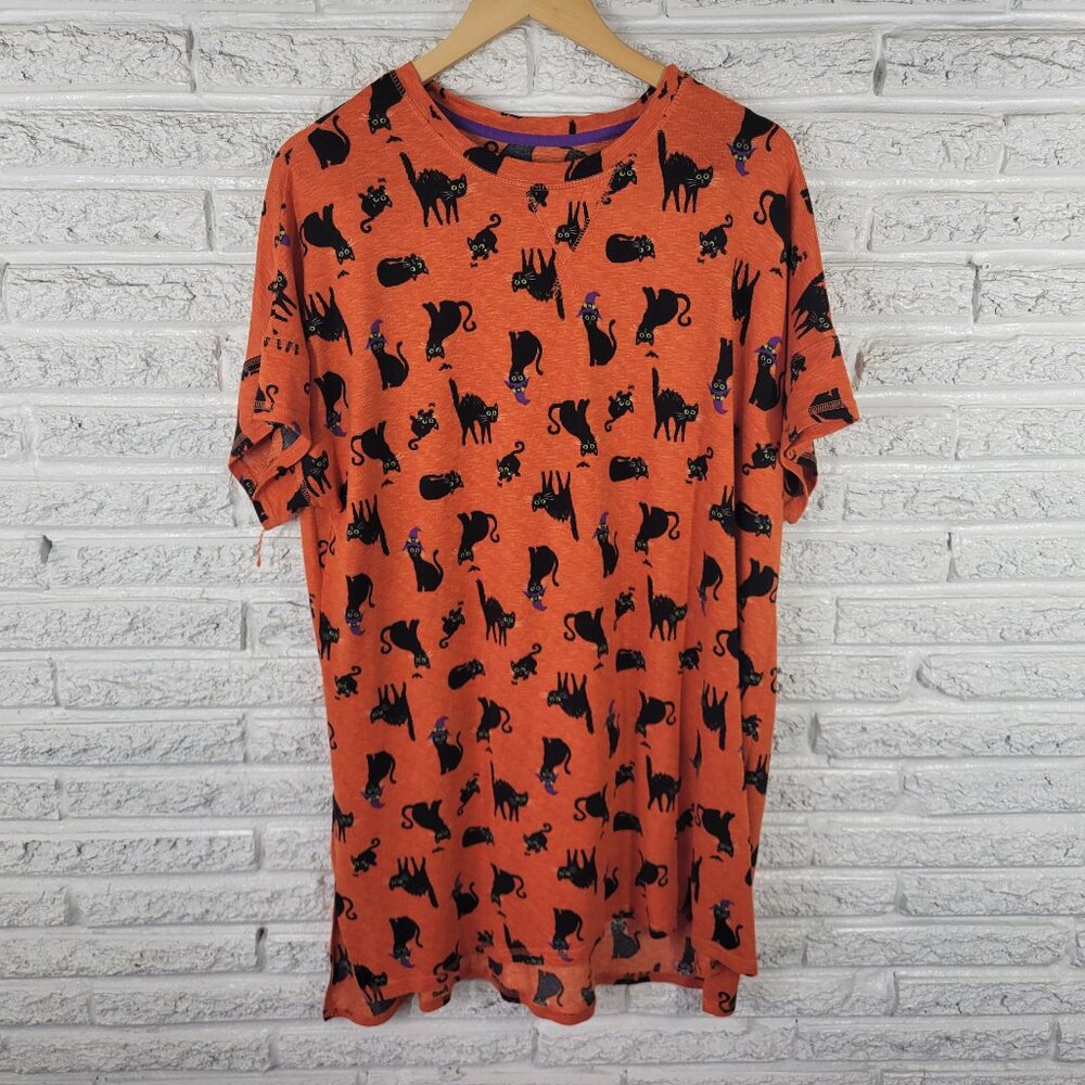 Celebrate Womens XL Halloween Pajama Top Orange Cat Print Short Sleeve ORA22XE